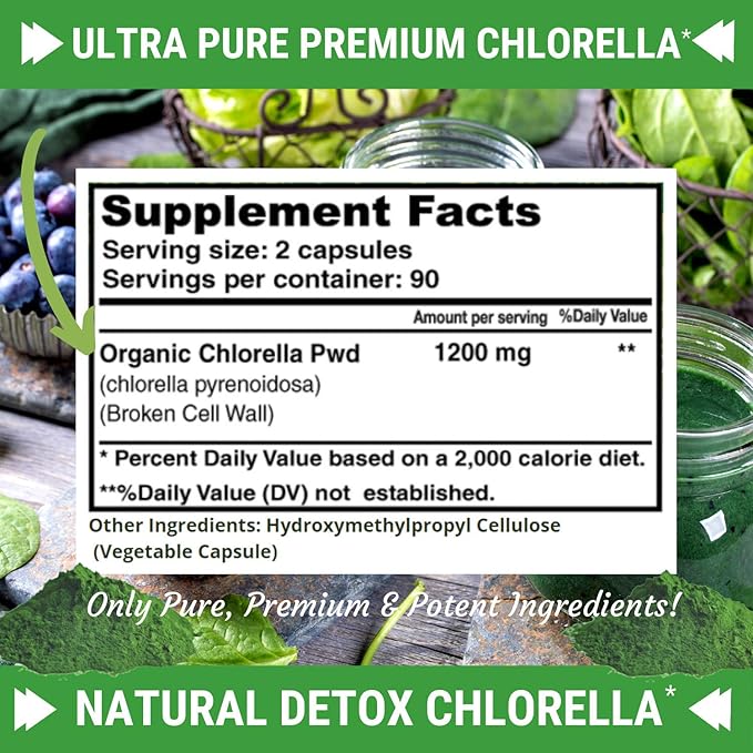 FRESH HEALTHCARE Premium Chlorella Supplement 1200mg Pure Vegan Powder Capsules 180 Chlorophyll and CFG Pills Natural Detox Superfood Naturally Contains B Vitamins and Minerals