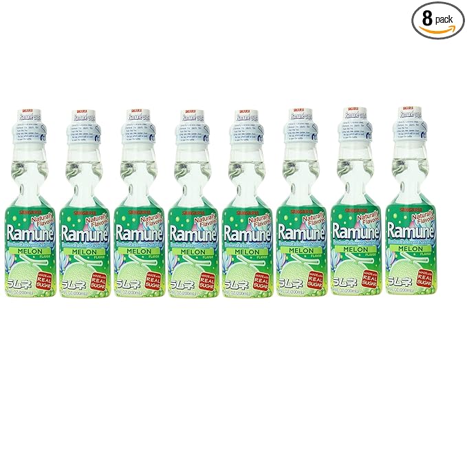 Sangaria Japanese Soft Drink Ramune Melon Flavor Pack of 8 (Total 54.08 Fl Oz)