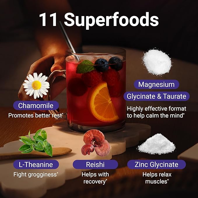 MoonBrew Nighttime Magnesium Sleepy Berry Smoothie Natural Sleep Aid Drink Mix for Adults - Calming Melatonin-Free Sleep Support with L-Theanine Chamomile &amp Zinc Glycinate - 25 Servings