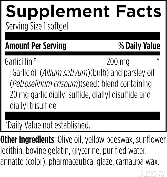 Designs for Health Allicillin - Allicin Supplement with 200mg Garlic Oil + Parsley Oil - Garlic Pills with Powerful Sulfides - Enteric Coated to Help Reduce Odor Non-GMO (60 Softgels)