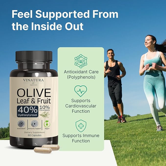 VINATURA Hydroxytyrosol Supplement Olive Leaf Extract - 40% Hydroxytyrosol Olive Fruit Extract 10% Oleuropein Olive Leaf Extract Capsules - 60 Capsules