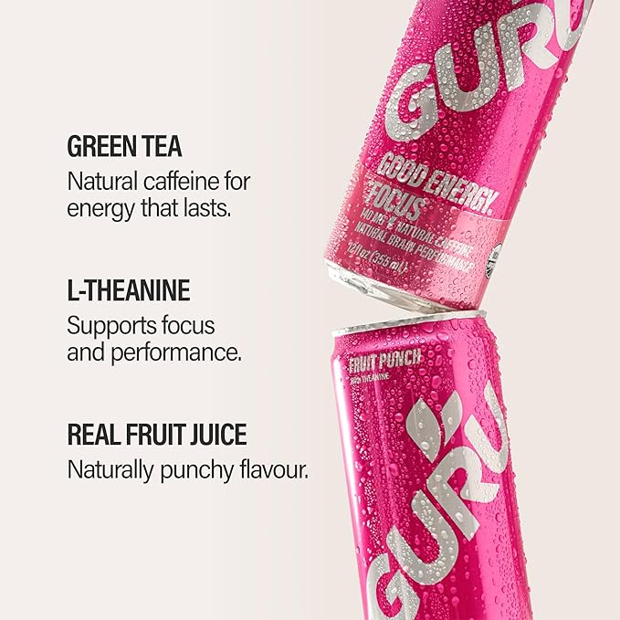 GURU Fruit Punch Organic Energy Drinks Clean Energy Drink with Plant Based Natural Caffeine from Green Tea + Focus with L Theanine Gluten Free and Vegan 140MG Caffeine 12oz (Pack of 12)