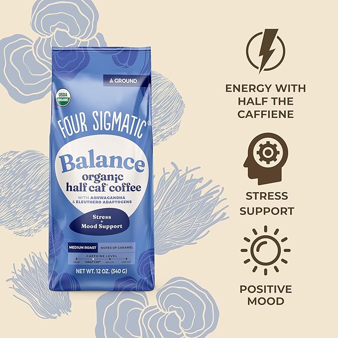 Four Sigmatic Balance Ground Coffee + Cacao Creamer Bundle | Organic Coffee with Ashwagandha Chaga Mushroom Eleuthero and Tulsi and Organic Non Dairy Coffee Creamer with Lion’s Mane and L-theanine