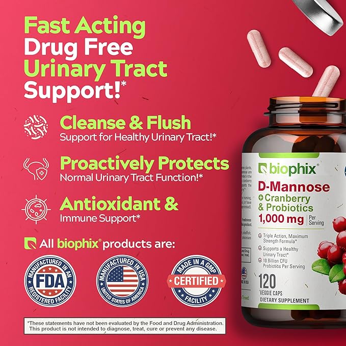 biophix D-Mannose 1000mg Capsules with Cranberry &amp Probiotics - D Mannose Supplements for Women - D-Mannose Pills for Urinary Tract &amp Bladder Health Support - Digestive Well-Being - 120 Vcaps