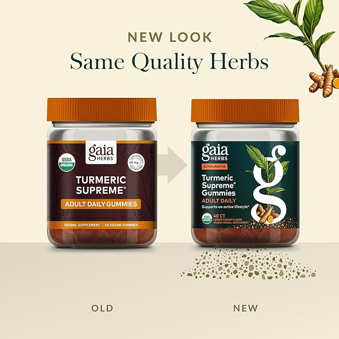 Gaia Herbs Turmeric Supreme Adult Daily Gummies-Daily Swelling Support for Healthy Active Life-USDA Certified Organic Blend of Turmeric and Supportive Herbs-40 Gummies(20-Day Supply) (Pack of 2)