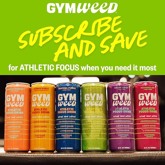 GYM WEED Athletic Focus Drink with KSM-66 Ashwagandha Lion's Mane Mushroom L-Theanine 200mg Green Tea Caffeine with Natural Sweeteners Watermelon Flavor 12 Pack