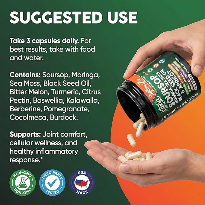 Clean Nutra Soursop Supplement Moringa Sea Moss Black Seed Oil Berberine Turmeric Resveratrol Quercetin Greens Bitters Boswellia Bitter Melon Burdock Root Antioxidant Support 90 Capsules