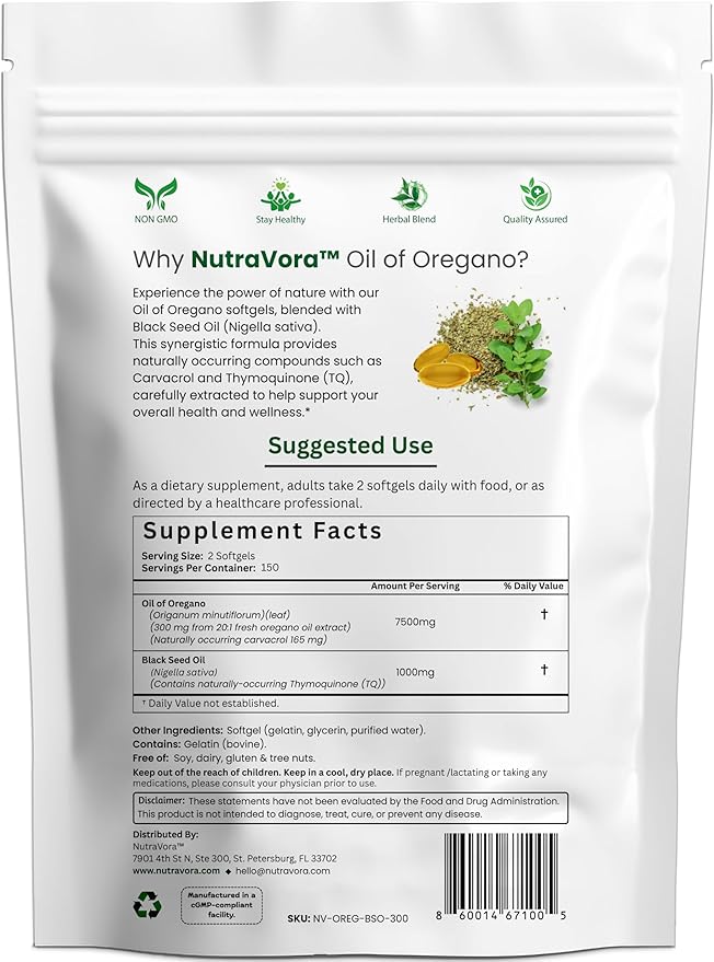 Oil of Oregano with Black Seed Oil Capsules – Dietary Supplement for Immune &amp Respiratory Wellness Support – with Carvacrol &amp Thymoquinone – Non-GMO Gluten-Free – 300 Softgels