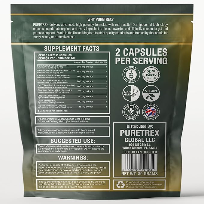 Liposomal Herbal Parasite &amp Gut Detox 120 Capsules 5X Better Absorption with Black Walnut Wormwood Clove Pumpkin Seed Garlic Oregano PAU D'Arco Papaya