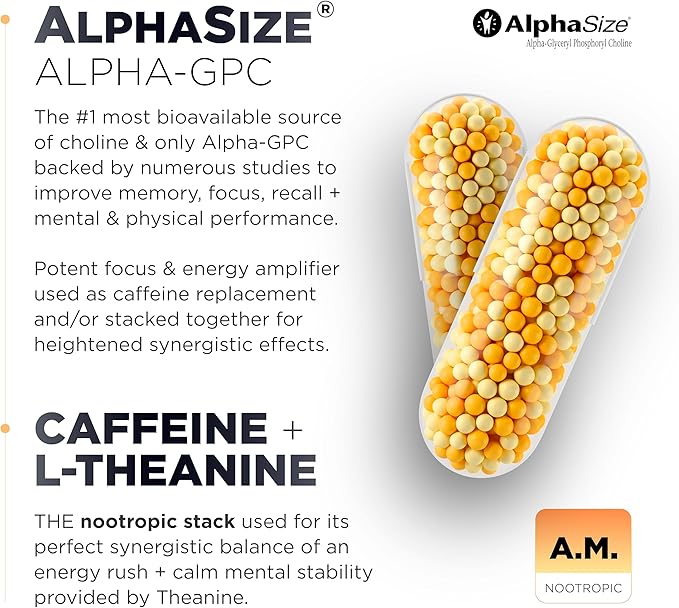 AMPM Nootropic Total Focus + Calm 9X Strength w. Caffeine L-Theanine Alpha GPC L-Tyrosine Ashwagandha - X-Release Energy Pills Nootropics Brain Support Supplements for Memory and Focus Supplement
