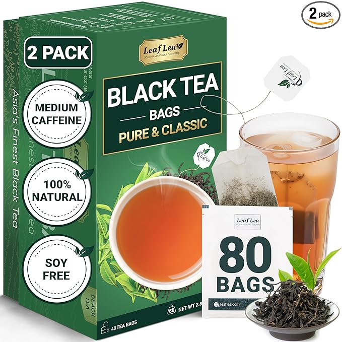 LeafLea 80 Black Tea Bags Premium Black Tea Leaves Rich Bright and Firmly Astringent Promotes Digestive Comfort &amp Steady Alertness Caffeinated Sugar-Free Vegan Enjoy Hot or Iced