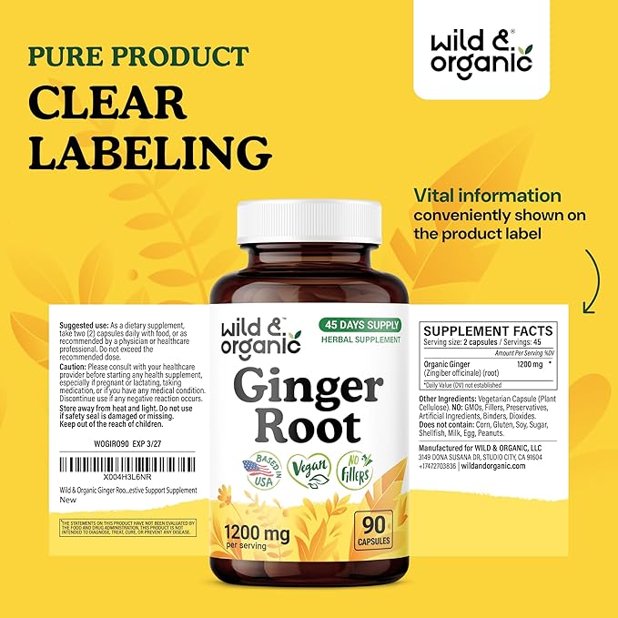 Wild &amp Organic Ginger Root Capsules 1200 mg - Immune &amp Digestive Support - Natural Ginger Supplements - Zingiber Officinale Powder - 45 Days of Supply - Vegan No Fillers Non-GMO - 90 Count