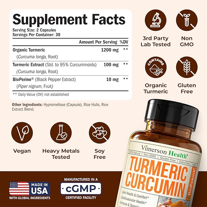 Turmeric Curcumin Supplement with Black Pepper Extract - High Potency Organic Turmeric 1200mg &amp 95% Curcuminoids for Joint &amp Digestive Health - Joint Support Supplement - 60 Curcuma Capsules -