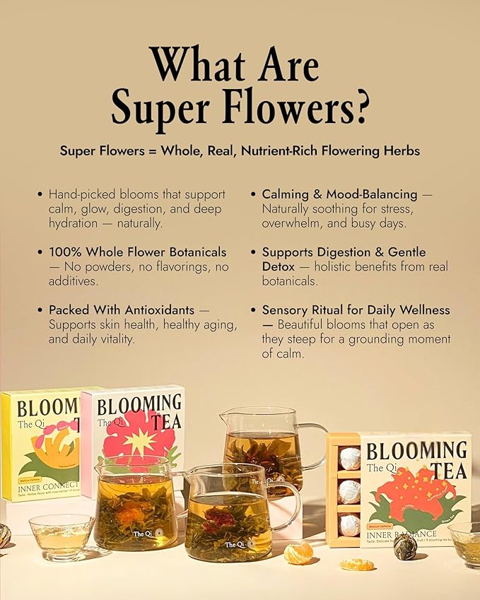 The-Qi Inner Connection Calendula &amp Rose Blooming Flower w/Green Tea – 9 Pcs Handpicked All Natural Blooming Flower Tea – The Qi Gift Set for Relaxation &amp Wellness – Makes 27 Cups