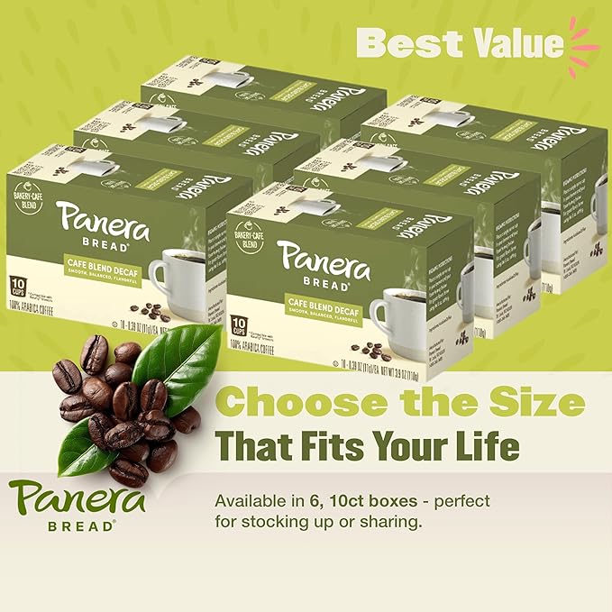 Panera Cafe Blend Decaf Coffee Pods Medium Roast Cups - 100% Arabica Smooth &amp Balanced with Caramel Notes Sustainably Sourced No Bitterness 60 Single Serve Pods (6 Packs of 10)
