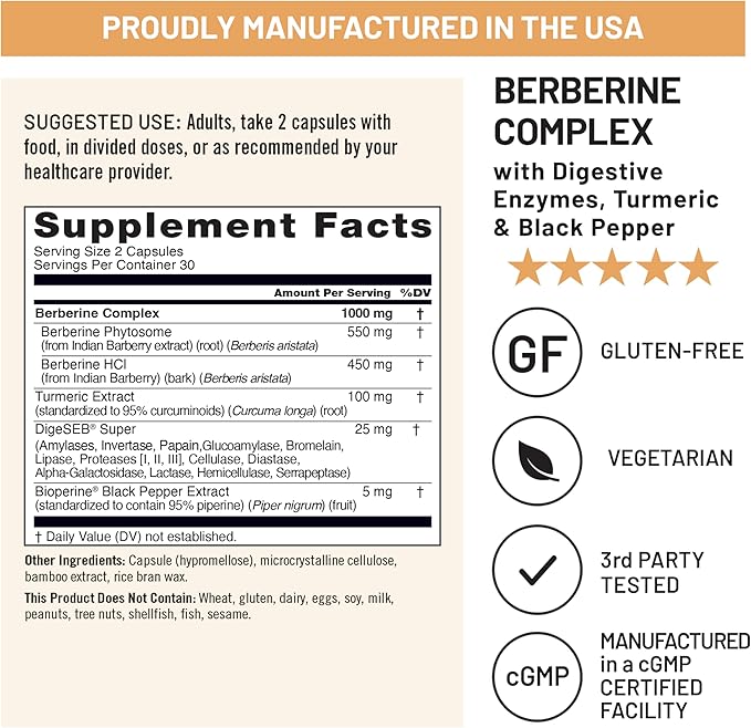 NatureWise Berberine 1000mg - Berberine Phytosome + HCI + Turmeric &amp Digestive Enzymes - Supports Healthy Blood Sugar + GI + Metabolism + Cholesterol - Non-GMO USA Manufactured - [30 Day Supply]