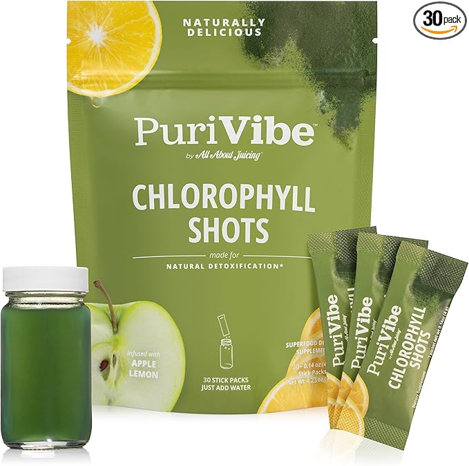 All About Juicing Chlorophyll Green Juice Shots - Clean Energy Detox Alkalize - 30 Stick Packs - Superfood Juice Powder - PuriVibe