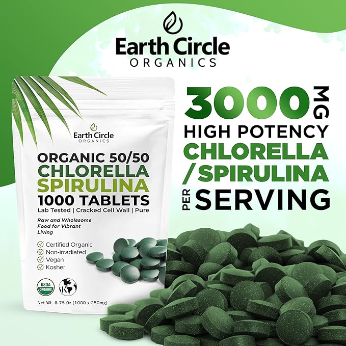 Premium Organic Chlorella / Spirulina Tablets 1000 Count (50/50) | Vegan Kosher Green Algae Superfood | Cracked Cell Wall for Maximum Absorption | High in Protein Iron Chlorophyll - Pack of 1