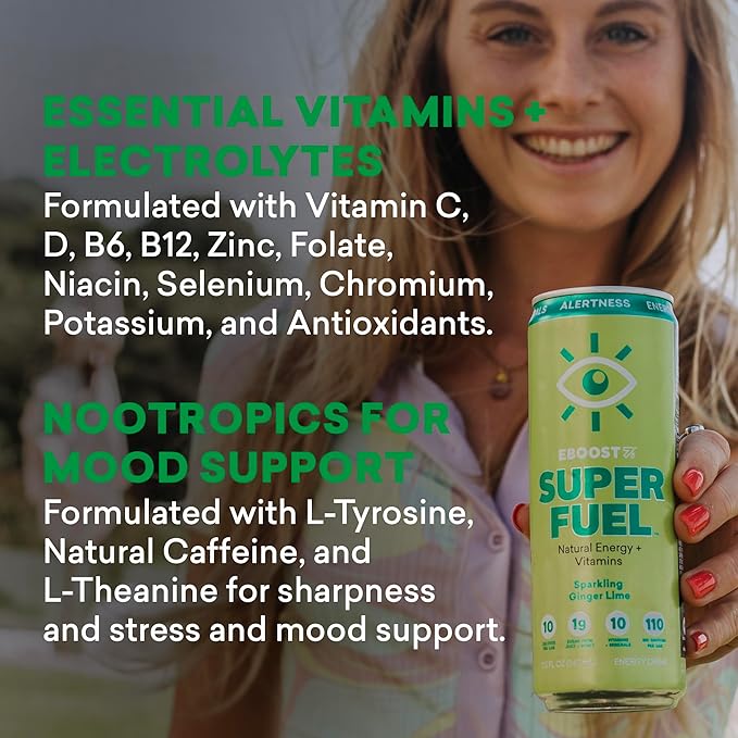 EBOOST Super Fuel Healthy Energy Drink - Caffeine from Natural &amp Clean Ingredients For Focus and Productivity -Taurine Free Pre-Workout With Electrolytes Nootropic &amp Vitamins - Variety Pack