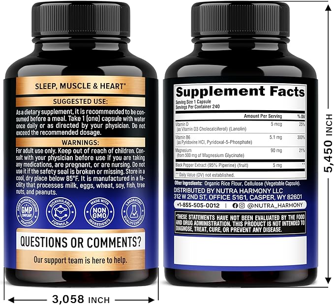 Magnesium Glycinate 500 mg - Chelated Supplement - High Absorption Form of Magnesium - Support for Sleep Muscle &amp Heart Health - Made in USA Lab Tested &amp Non-GMO - 240 Capsules