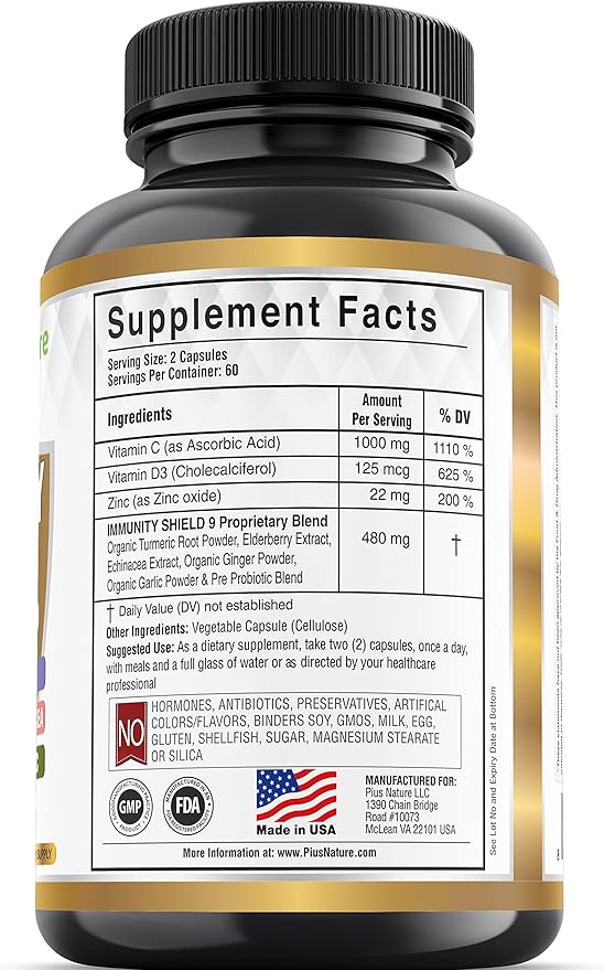 9-in-1 Immune Support Vitamin C (1000mg) Vitamin D3 (5000 IU) Zinc(22mg) with Elderberry Turmeric Echinacea Ginger Garlic and Pre+Pro-Biotic per Serving (120 caps per Bottle - 2 Month Supply)