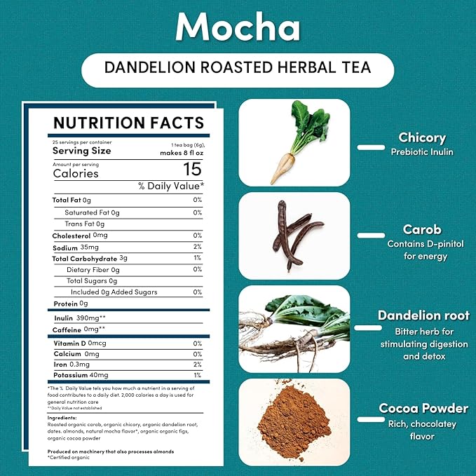 Teeccino Dandelion Mocha Tea - 25 Tea Bags - Caffeine-Free Roasted Herbal Tea with Prebiotics 3x More Herbs than Regular Tea Bags - Gluten-Free Acid-Free Coffee Alternative (Pack of 3)