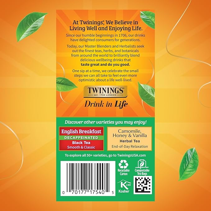 Twinings Decaffeinated Irish Breakfast Black Tea Individually Wrapped Bags 20 Count (Pack of 6) Flavourful Robust Enjoy Hot or Iced 120 Teabags