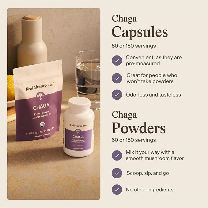 Real Mushrooms Chaga Mushroom Powder – Organic Chaga Extract from Fruiting Body – for Daily Wellness &amp Energy Support – Vegan Non-GMO 60 Servings Mushroom Supplement