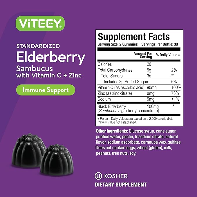 Viteey Sambucus Elderberry Gummies for Adults – Elderberry Vitamin C and Zinc Immunity Gummies - Vegan Gluten-Free – 120 Count