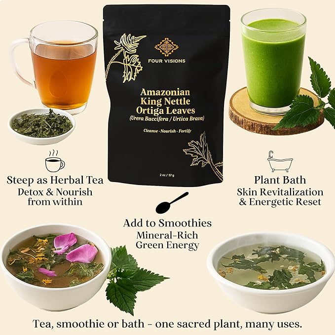 Four Visions Amazonian King Nettle Tea – Wild-Harvested Organic Loose Leaf Ortiga (Urera Baccifera) for Inflammation Hormone Balance Blood Pressure Detox &amp Seasonal Allergy Support