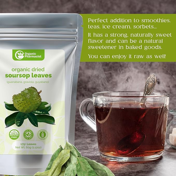 Organic Pharmacist Dried Soursop Leaves Graviola Leaf Guanabana Guyabano Used for Tea and Extract Soursop Bitters for Tea 60G 175+ Whole Leaves