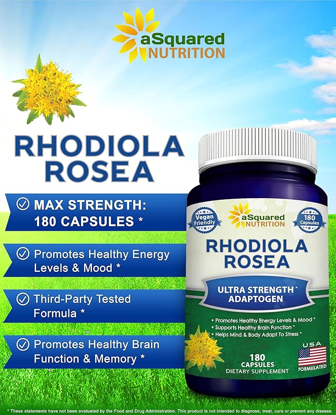aSquared Nutrition Rhodiola Rosea Supplement 1000mg - 180 Vegan Capsules - Max Strength Rhodiola Root Extract Pills Improve Pure Energy Brain Function &amp Stress Relief -Golden Root Herb Powder Tab