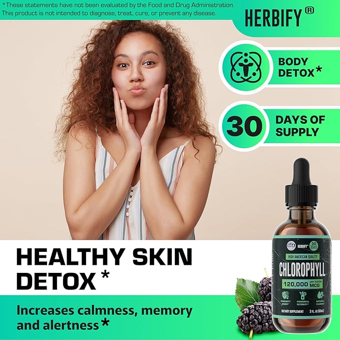 HERBIFY Chlorophyll Drops - Liquid Chlorophyll for Energy Boost &amp Immune System Support - Made in USA - Chlorophyll Liquid Drops for Body Detox Internal Deodorant &amp Enhance Skin - 2 Oz