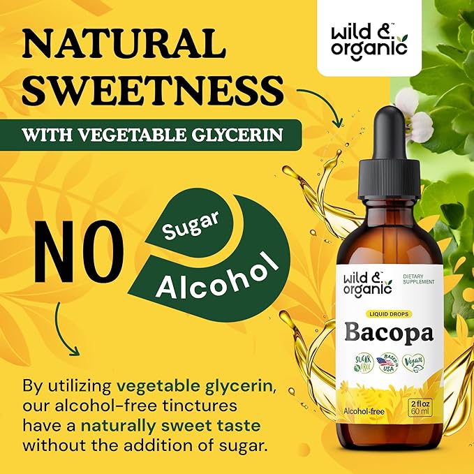 Wild &amp Organic Bacopa Tincture - Supports Calm Focus Clarity - Bacopa Monnieri Supplement Liquid - Alcohol-Free Drops with Brahmi Extract - Vegan Sugar-Free - 2-Month Supply - 2 fl oz