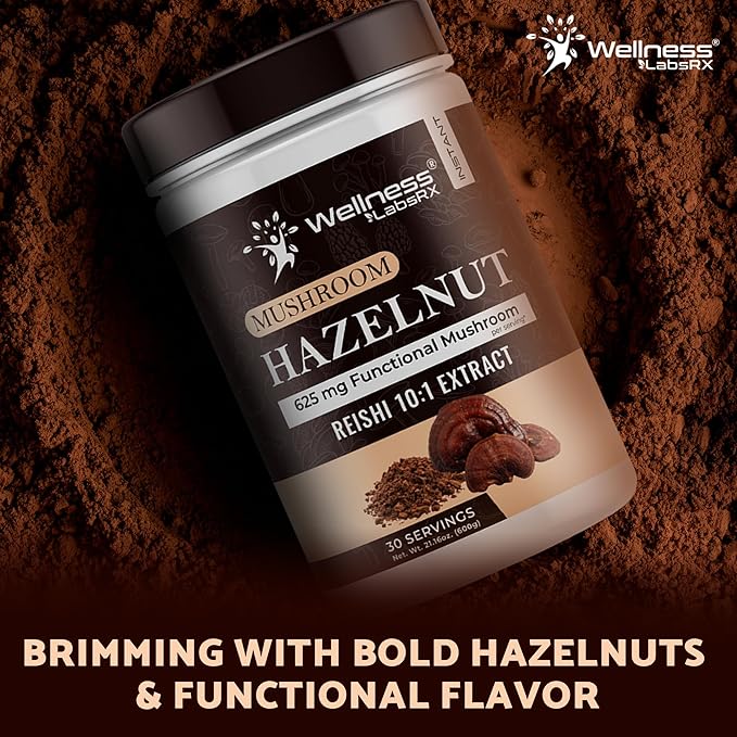 Mushroom Hazelnut Powder with Reishi 10:1 Extract Hot Cocoa Powder Caffeine-Free Mushroom Coffee Alternative - Adaptogenic Superfood Drink for Focus Relaxation and Mood Support - 30 Servings