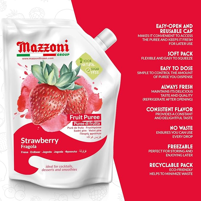 Mazzoni - Strawberry Puree 100% Pure Strawberries Just Fruit No Sugar Added Real Fruit Mixer for Cocktails Drinks Smoothies - 35.2 Fl Oz (2.2 lb) Convenient Pouch Made in Italy