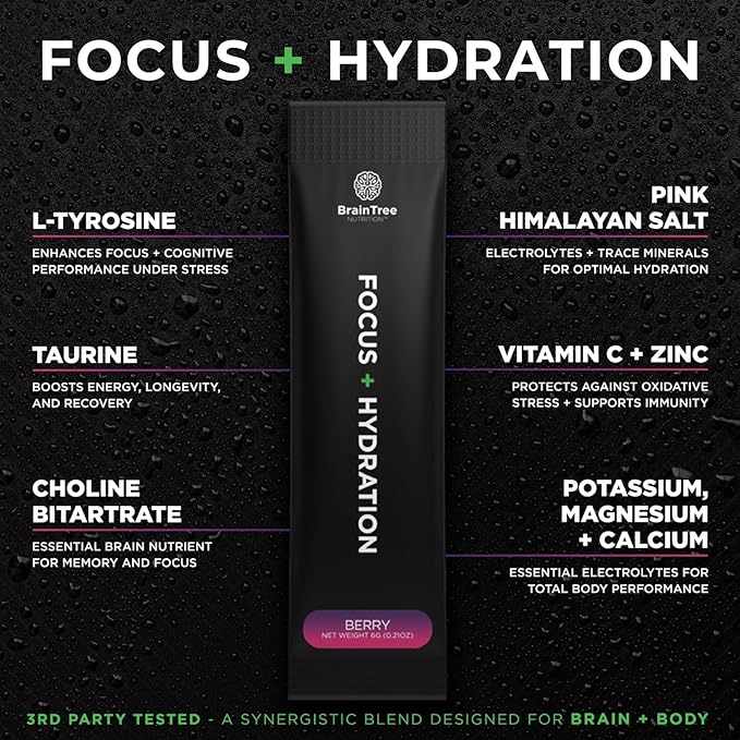 BrainTree Nutrition - Focus + Hydration - Electrolyte Drink Mix - Total Body Hydration - Supports Cognitive Function Energy &amp Muscle Recovery - Sugar Free - Berry - 30 Stick Packs