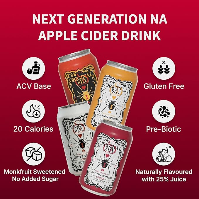 Original Sin Non Alcoholic Cider - Variety PAck | Sparkling Apple Cider Vinegar Drink with 25% Fruit Juice | Sugar Free Non Alcoholic Drinks- 4 Flavours with 3 Cans Each