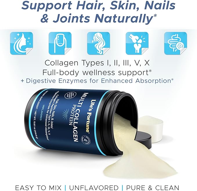 Life's Fortune Multi Collagen Peptides Powder Drink Plus for Women &amp Men - Type I II III V X Blend with Digestive Enzyme – for Skin Hair Nails Joints Health Unflavored 30 Serv (60 Servi