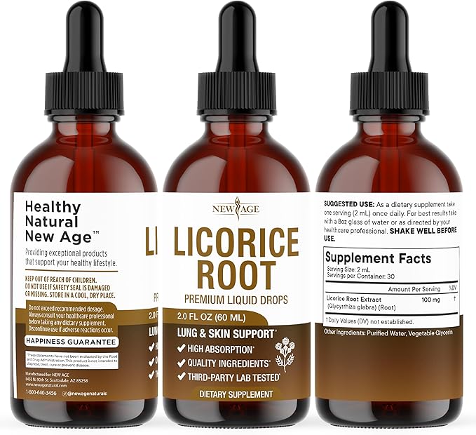 NEW AGE Licorice Root Tincture - Digestive Lung &amp Skin Support - Licorice Root Extract Liquid Drops - Vegan Sugar &amp Alcohol-Free Supplement - 8 fl oz