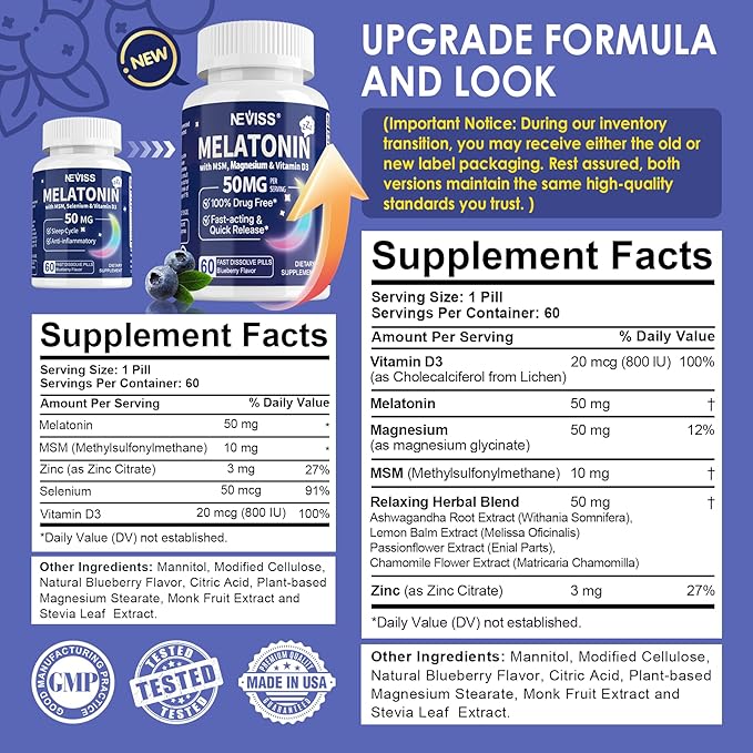 NEVISS Melatonin 50 mg for Adults - Extra Strength 9-in-1 Fast Dissolve Sublingual - High Dose with Magnesium Glycinate Vitamin D3 Ashwagandha Lemon Balm Chamomile Sugar FreeVegan 120 Tablets