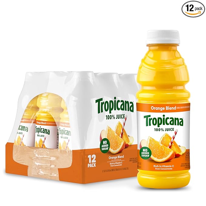 Tropicana 100% Juice Orange Blend Single Serve 15.2 fl oz Bottles (Pack of 12) - Real Fruit Juice Vitamin C Rich No Added Sugars No Artificial Flavors