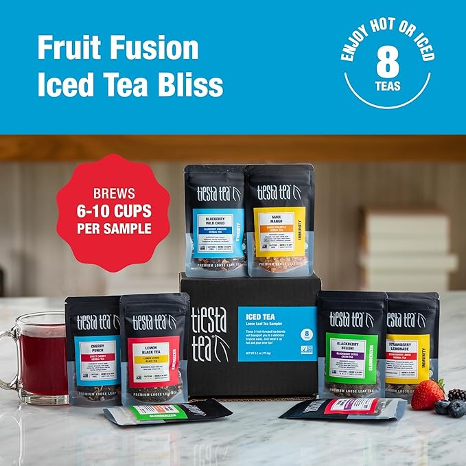 Tiesta Tea - Iced Tea Sampler Dry Flight Set Loose Leaf High to No Caffeine Makes Cold Brew Iced Drink Assorted Brew Sets with Herbal Black Fruit Blends &amp More 8 Resealable Sample Pouches