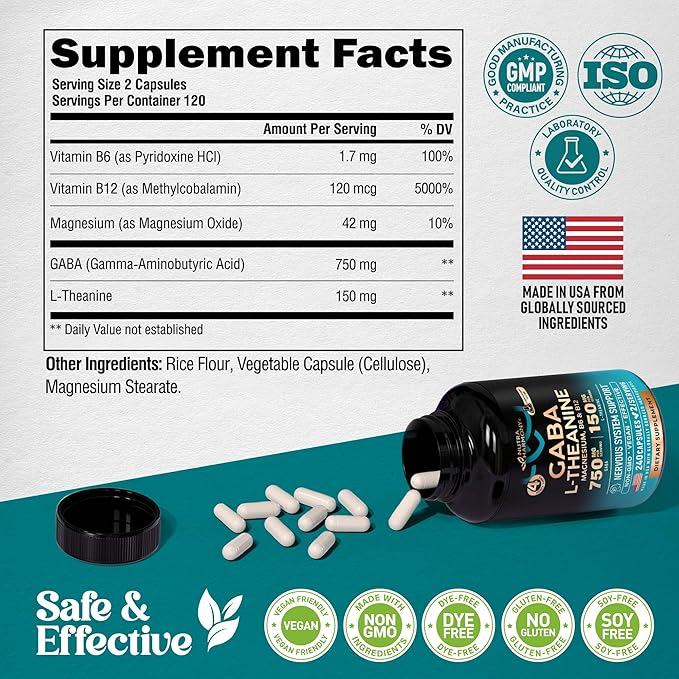 GABA L-Theanine 900 mg - Made in USA - Magnesium | Vitamin B6 - Calm Sleep Relaxation &amp Mood Support - 750 mg Gamma AminoButyric Acid 150 mg L-Theanine - Non-Habit Forming Vegan - 240 Capsules
