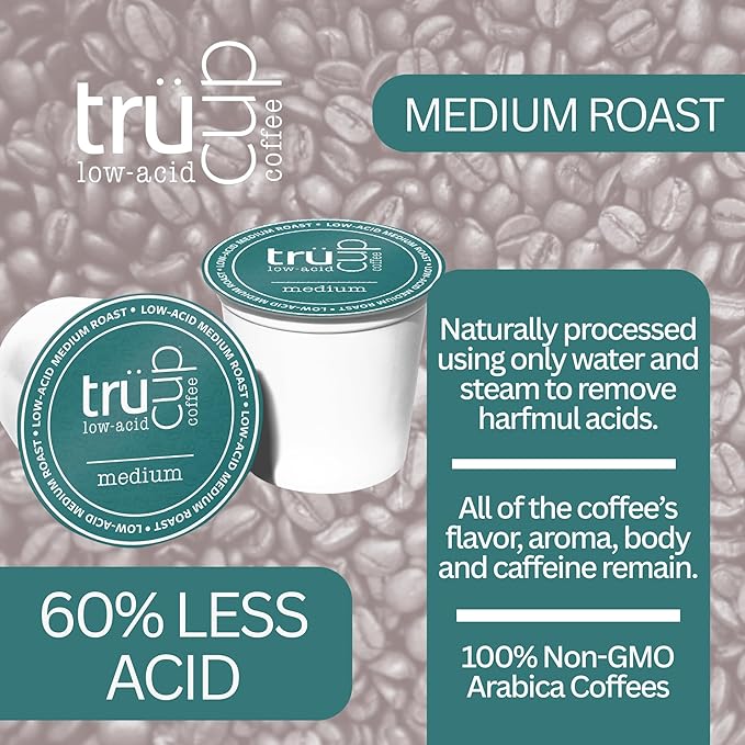 trücup Low Acid Coffee Pods | Medium Roast | 48 Count Recyclable K-Cups Compatible with most brewers | Smooth Stomach-Friendly Coffee