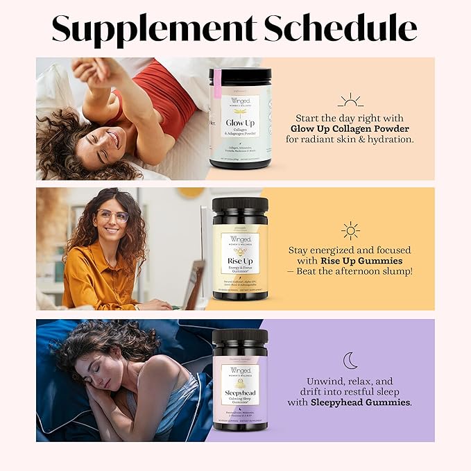 Winged Wellness Rise Up Energy &amp Focus Gummies for Women - Daily Brain Boost Gummy Supplement with Natural Caffeine Ashwagandha B12 Nootropics Alpha-GPC &amp Lion’s Mane - Pineapple 60 Gummi
