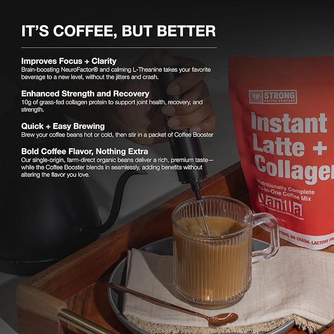 Strong Coffee Co. Vanilla Instant Latte | Organic Coffee with 15g Collagen Protein | Lion’s Mane &amp L-Theanine | Nootropic Instant Coffee | 12 Serving