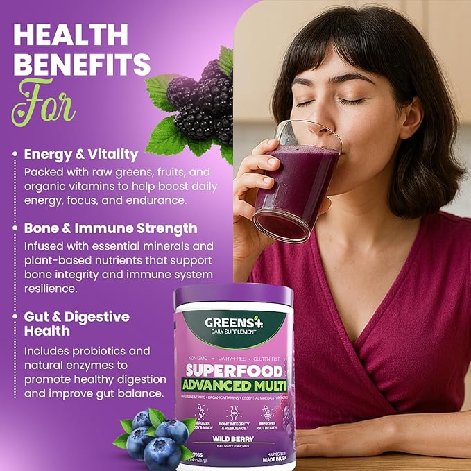 Greens+ Advanced Multi Wild Berry Superfood Powder Organic Blend Vegan Non-GMO Soy-Free Dairy-Free Gluten-Free Dietary Supplement with Vitamins &amp Minerals 9.4 oz