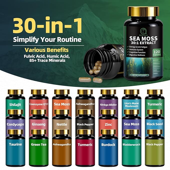 Shilajit for Men Sea Moss and Shilajit Bundle All in 1 Supplements with Coenzyme Q10 Black Seed Ashwagandha Taurine Burdock for Energy Endurance Antioxidant &amp Immune Support 240 Capsules