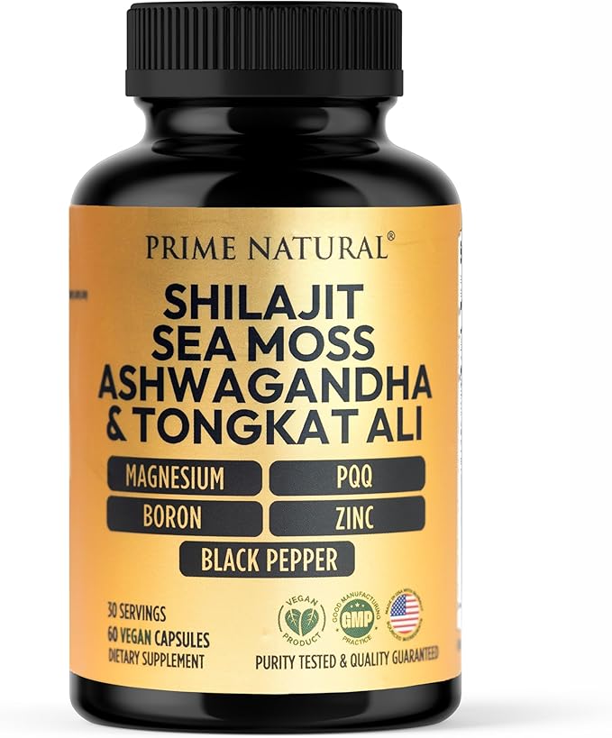 Shilajit 1000mg Irish Sea Moss 100mg Ashwagandha 100mg Tongkat Ali Boron Magnesium PQQ &amp More | 60 Capsules - 30 Days Supply| Fulvic Acid Veg Capsules| Vegan| Gluten Free | Non-GMO